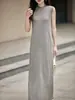 Saia Longa Sem Mangas Outono e Inverno Acima do Joelho para Mulheres, Vestido Longo de Tricô com Alças Finas e Gola Redonda, Saia Suéter Interna Lisa com Fenda Nova