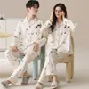 Ropa de Casa Pura de Algodón para Mujer, 100% Algodón, Se Puede Usar Afuera, Atuendo de Pareja, Cárdigan, Solapa, Pijama de Dibujos Animados, Conjunto de Dos Piezas
