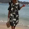 En Stock Amazon Transfronterizo Moda Mujer Nuevo Estilo Cuello en V Botones Estampado Floral Casual Algodón y Lino Vestido
