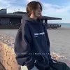 Sudadera con capucha azul marino americano de peso pesado para mujer en otoño e invierno, fina, estampado de letras, holgada, talla grande