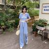 Conjunto Casual de Top Corto Verano Dulce y Picante Cuello Polo Manga Corta Pantalones Caídos Moda Conjunto de Dos Piezas #826