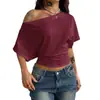 2026 Moda europea y americana para mujer Amazon nuevo top sexy corto de manga corta de color liso, cuello asimétrico, hombros descubiertos, manga ancha, entallado a la cintura