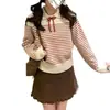 Suéter de punto con cuello a rayas y amarre estilo coreano para mujer, nuevo modelo de primavera e invierno, juvenil, dulce, versátil y hermoso top de punto