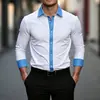 Camisa Masculina Manga Longa Stretch Color Block Casual de Negócios Não Amassa Stretch em Quatro Direções Top Confortável