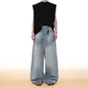 Calça Jeans Larga Lavada Azul Claro com Strass 3D para Mulheres, Corte Reto Casual Solto, Novo Estilo 2026, Comprimento Total