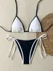 2027 Nuevo Bikini Triangular de Playa Bicolor Dividido Simple Europeo y Americano para Amazon con Tirantes de Atar, Atractivo Traje de Baño para Vacaciones