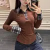 Camiseta de Manga Larga con Cuello de Solapa a Cuadros Estilo Coreano Patchwork para Mujer, Nuevo Atuendo de Otoño e Invierno para Navidad, Top Básico Vintage Ajustado