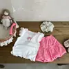 Conjunto de Duas Peças da Moda para Meninas de Verão: Moda Estilosa para Menininha Bebê Colete Cartoon com Manga Floral Calcinha de Bolinhas