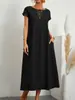 Amazon Aliexpress 2024 Ebay Europeu e Americano Cor Lisa Sem Mangas Solto Algodão e Linho Bolso com Aba Vestido Calça em Estoque
