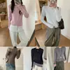 Camada base simples de manga longa, gola redonda, rosa, mistura de lã escovada para mulheres, camiseta lisa de alta qualidade para outono e inverno