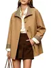 Trench Coat Feminino com Cinto e Forro Xadrez, Trench Coat de Comprimento Médio Estilo Britânico, Jaqueta Feminina Soltinha com Bolsos