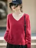 Suéter premium de lana pura sin costuras para mujer, top de punto cepillado con cuello en V, estilo otoño e invierno, suéter casual de corte holgado