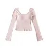 Camiseta de Manga Longa Estilo Americano com Bojo e Decote Profundo nas Costas para Mulheres, Sexy Apertada Elástica Slim-Fit Top Básico para a Primavera