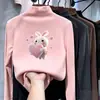 Camiseta de manga larga para niña para otoño e invierno, dulce cuello semi-alto, capa base de forro polar, top de dibujos animados para niños mayores