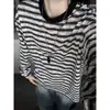 Camiseta Masculina de Manga Longa com Listras Americanas, Estilo Old Money, Blocos de Cor, para Primavera e Outono, Gola Redonda, Corte Solto, Versátil, Camada Base