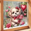 Perro con Flores en la Mano Ventana con Forma de Corazón Pegatina Estática para Vidrio Adecuada para Dormitorio, Sala de Estar, Balcón, Decoración Festiva