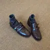 Couro de ovelha, estilo retrô britânico, mocassins de salto grosso para mulheres, sapatilhas pretas de bico redondo, versáteis para o trajeto diário, com fecho de velcro