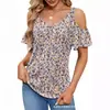 Roupas Femininas Transfronteiriças Europeias e Americanas 2025 Amazon Verão Novo Ombro a Ombro Estampado Decote V Manga Curta Solto Top Camiseta