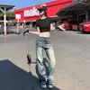 Calça Jeans Azul Lavada Vintage Estilo Americano para Mulheres, Barra Reta, Emagrecedora, Inverno, Streetwear, Cintura Baixa, Solta, Perna Larga, Comprimento Estendido, Comprimento Total