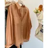 Camisa com Botão Traseiro Design Estilo Coreano Chique Proteção Solar Feminina Verão Manga Longa Solta Algodão Linho Fina Respirável Camisa Top