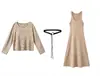 Conjunto de dos piezas para mujer: cárdigan de rayas y vestido tipo top, nuevo estilo otoño e invierno, conjunto de vestido largo tejido adelgazante que ajusta la cintura