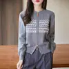 Suéter de Tricô Jacquard com Blocos de Cor e Gola Redonda Outono/Inverno 2025 para Mulheres Jaqueta Cardigã de Algodão Puro com Design de Zíper Duplo Outono/Inverno Novo para Mulheres