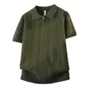 Camisa Polo Tejido de Punto Manga Corta para Hombre Cuello Camisero Media Cremallera Rayas Estilo Old Money Camiseta de Seda Helada Verano Venta al por Mayor de Fábrica Transfronteriza