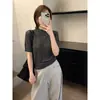Tricô Texturizado de Manga Curta Mmc para Mulheres, Novo Estilo de Outono, Slim Fit Estilo Coreano, Camisa Básica de Gola Meia-Alta de Mohair