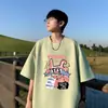 Camiseta Pesada de Manga Corta Estilo Americano para Hombre Verano 2025 Nueva Estampado de Caricaturas y Alfabeto Adolescentes Cuello Redondo Manga Corta