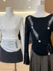 Suéter Rasgado com Contas Estilo Francês para Mulheres, Camisa Básica Tricotada com Manga Sino para Outono e Inverno com Top Irregular Ajustável na Cintura