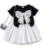 Conjunto de dos piezas de falda y tutú de malla con top de manga corta y lazo para niñas de talla pequeña y mediana de verano de estilo europeo y americano.