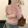 2026 Nuevo Suéter de Punto de Color Sólido de Moda para Trabajo Pesado con Pedrería y Ganchillo de Cuello Semi Alto para Mujer Pulóver Capa Base para Mujer