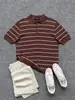 Camiseta tipo polo de punto a rayas con cuello Henley de manga corta, Camiseta casual de verano para hombre, Camiseta tipo polo estilo Old Money para hombre, Verano
