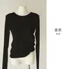 Colección de principios de otoño: Camiseta suave y cómoda para mujer hecha de Tencel y seda, con diseño sin dedos, mangas largas, cuello redondo y efecto adelgazante, perfecta como capa base