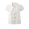 26835-26 Otoño Coreano Holgado Cuello Peter Pan Corbata de Lazo Bolsillo Camisa Blanca Manga Corta Top