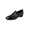 Sapatos de Trabalho Casuais da Moda com Fivela de Cinto, Mocassins de Couro Bovino, Outono 2025 Salto Baixo Grosso Bico Redondo Couro Genuíno Decote Profundo Sapatos Soltos para Mulheres