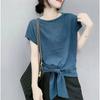25 Suéter de malha de seda gelo popular feminino deste ano com design de barra amarrada, leve, solto, cor sólida, gola redonda, top feminino