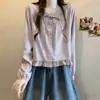 Blusa de manga larga para mujer talla grande, nuevo diseño de otoño temprano estilo coreano, dulce, con retazos de cuadros, cordones, cuello redondo