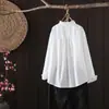 Roupas de primavera estilo literário gola com babados de orelha de madeira manga longa camisa branca simples feminina solta justa camisa feminina atacado