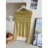 Top de punto vintage estilo francés de hombros descubiertos y manga larga para mujer, otoño e invierno, suave, estiliza, elegante, versátil, top básico