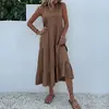 Europa y América Comercio Exterior Transfronterizo Verano Venta Caliente Vestido Casual Sencillo y Elegante de Mujer de Longitud Media de Color Sólido sin Mangas