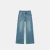 Jeans de Pierna Ancha Bordados de Bolsillo Trasero No Elásticos Otoño 2026 Cintura Alta Corte Adelgazante para Mujeres Menudas Azul Vintage