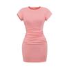 Vestido de Verano Americano de Chica Caliente de Cuello Redondo con Hombro Derecho Descubierto de Manga Corta con Cintura Plisada y Corte Ajustado Falda Corta Ajustada de Color Sólido