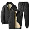 Casaco de pele de cordeiro de inverno gola alta acolchoado com algodão casaco acolchoado com algodão jaqueta acolchoada com algodão forrada de fleece masculino tamanho plus size jaqueta acolchoada com algodão calça acolchoada com algodão colete de três peças