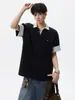 Camisa Polo de Patchwork a Rayas Falsa de Dos Piezas Estilo Americano Manga Corta para Hombre Verano Holgada Estilo Universitario Casual Cuello Camisero Camiseta de Media Manga