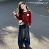 Conjunto de Dos Piezas para Niñas Estilo Academia Nuevo Estilo Primavera y Otoño Cárdigan con Cuello de Marinero Top Dulce Lindo Dibujos Animados Jeans