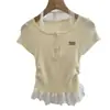 Playera de Punto de Manga Corta con Cuello Halter y Encaje para Mujer, Diseño de Verano 2025, Top Delgado y Versátil