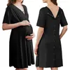 2026 Nuevo en Stock Vestido de Verano de Modal para Maternidad, Color Sólido, de Lactancia, Manga Corta, Holgado, Transpirable, Cuello en V, Adelgazante