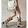 Botas apiladas adelgazantes Chuyuji retro de gamuza color albaricoque con caña ancha, punta fina, tacón grueso, botas vaqueras de mezclilla hasta la rodilla