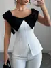 Verão 2025 Novo Roupas Femininas Cruzadas Europeias e Americanas Design com Fenda Nova Costura Tops Apertados Camisas Modernas e Elegantes